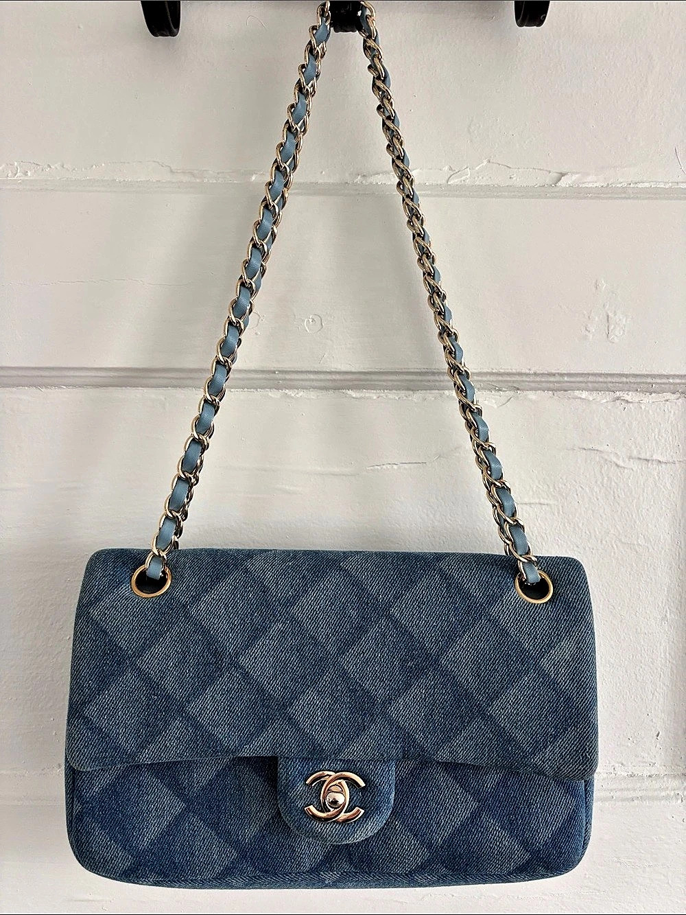 Denim Quilted Classic Double Flap Bag Blue